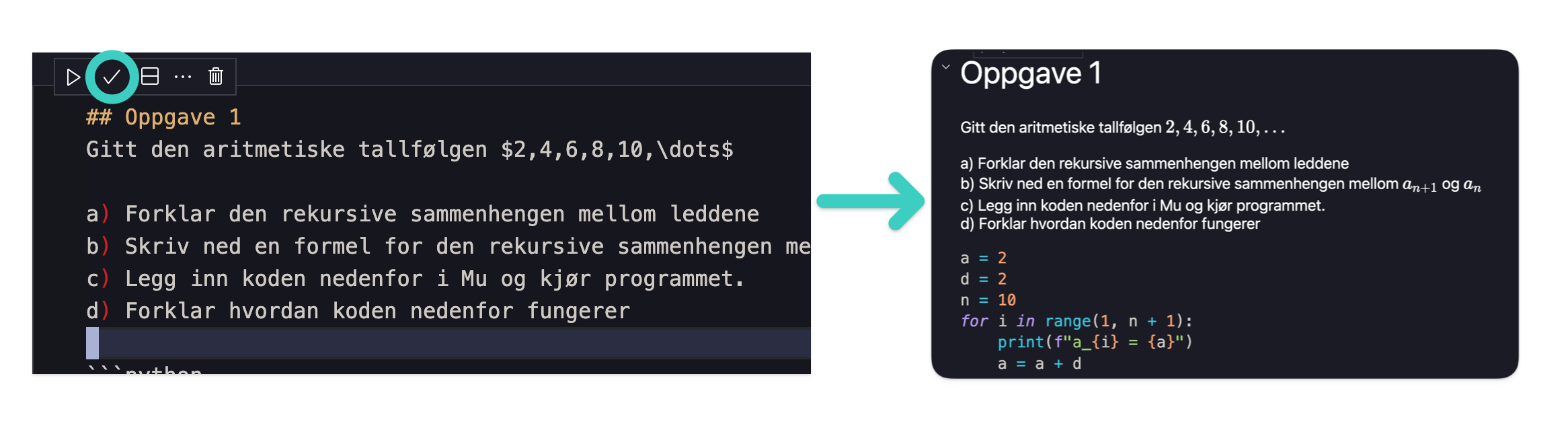 Markdownkode i redigeringsmodus og visningsmodus